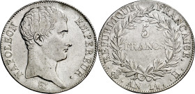 Francia. An 14. Napoleón. H (La Rochelle). 5 francos. (KM. 662.6). Leves golpecitos. Atractiva. Escasa. AG. 24,87 g. MBC+/MBC.

France. An 14. Napol...