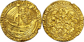 Gran Bretaña. (1354-1355). Eduardo III. 1 noble. (Fr. 89) (Spink 1486). 4ª emisión. Serie E. Restos de soldadura. Muy rara. AU. 7,34 g. (MBC+).

Gre...