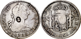 Gran Bretaña. (1797). (KM. 632). Contramarca busto de Jorge III en óvalo (De Mey 659) sobre 8 reales de Carlos III, México 1773 FM. Escasa. AG. 26,46 ...