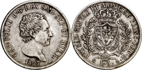 Italia. Cerdeña. 1827. Carlos Félix. 5 liras. (KM. 116.2). Golpecitos. Escasa. AG. 24,86 g. MBC+.

Italy. Sardinia. 1827. Charles Felix. 5 liras. (K...