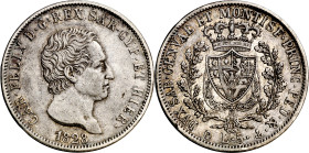 Italia. Cerdeña. 1828. Carlos Félix. 5 liras. (KM. 116.2). Leves rayitas y golpecitos. Atractiva. Escasa. AG. 24,92 g. MBC+.

Italy. Sardinia. 1828....