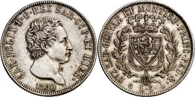 Italia. Cerdeña. 1830. Carlos Félix. 5 liras. (KM. 116.2). Leves golpecitos. Buen ejemplar. Escasa. AG. 24,87 g. MBC+.

Italy. Sardinia. 1830. Charl...