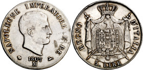 Italia. 1807. Napoleón. M (Milán). 5 liras. (KM. 10.1). Escasa. AG. 24,91 g. MBC-/MBC.

Italy. 1807. Napoleon. M (Milan). 5 liras. (KM. 10.1). Scarc...
