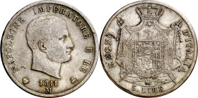Italia. 1811. Napoleón. M (Milán). 5 liras. (KM. 10.4). Escasa. AG. 24,77 g. MBC-.

Italy. 1811. Napoleon. M (Milan). 5 liras. (KM. 10.4). Scarce. A...