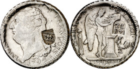 Suiza. Berna. (1816-1819). 40 batzen. (KM. 182). Contramarcas escudo (De Mey 1122) y 40 BZ (De Mey 1123) sobre 1 ecu de 1792 de Francia. Rayitas. Rara...