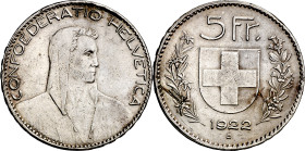 Suiza. 1922. B (Berna). 5 francos. (KM. 37). Leves rayitas. Escasa. AG. 24,95 g. MBC+.

Switzerland. 1922. B (Bern). 5 francs. (KM. 37). Light hairl...