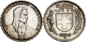Suiza. 1925. B (Berna). 5 francos. (KM. 38). Leves rayitas. Atractiva. Escasa. AG. 25 g. EBC-.

Switzerland. 1925. B (Bern). 5 francs. (KM. 38). Lig...