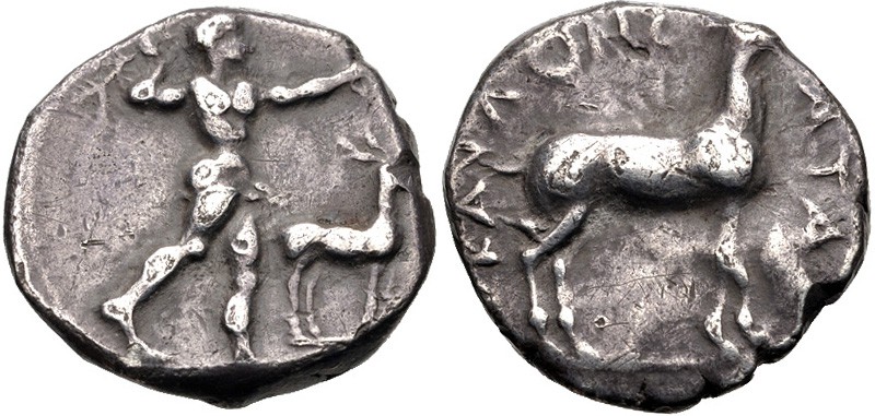Bruttium, Kaulonia, 475 - 425 BC
Silver Stater, 20mm, 7.57 grams
Obverse: Apol...