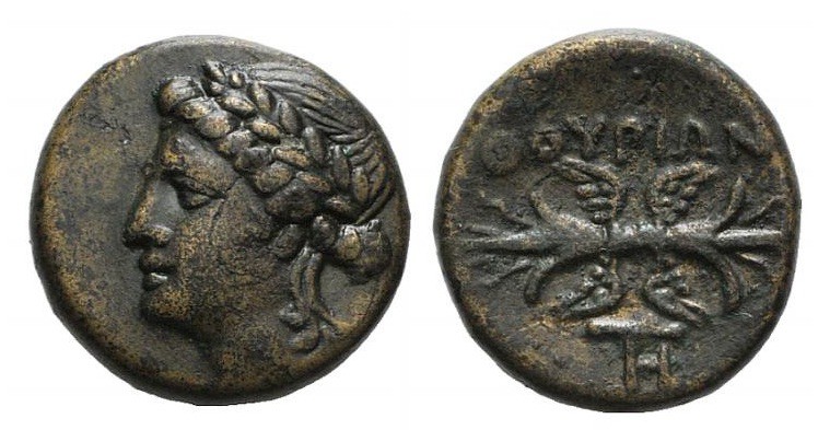 Lucania, Thourioi, 280 - 213 BC
AE14, 3.20 grams
Obverse: Laureate head of Apo...