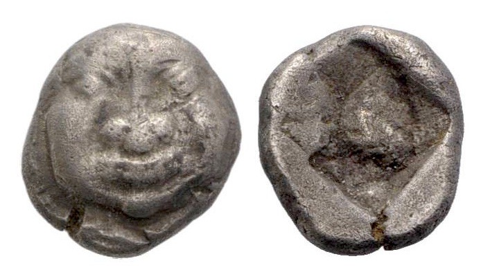 Macedonia, Neapolis, 500 - 480 BC Silver Obol, 8mm, .98 grams Obverse: Facing go...