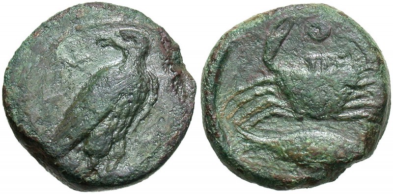Sicily, Akragas, 425 - 406 BC
AE Onkia, 16mm, 4.15 grams
Obverse: Eagle stabnd...