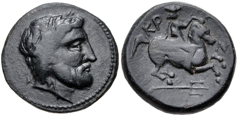 Thessaly, Krannon, 350 - 300 BC
AE Dichalkon, 18mm, 5.54 grams
Obverse: Laurea...