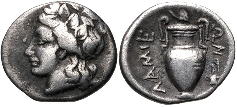 Thessaly, Larissa, 400 - 350 BC
Silver Obol, 12mm, .83 grams
Obverse: Head of ...