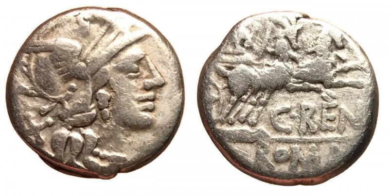 C. Renius, 138 BC
Silver Denarius, Rome Mint, 16mm, 3.99 grams
Obverse: Helmet...