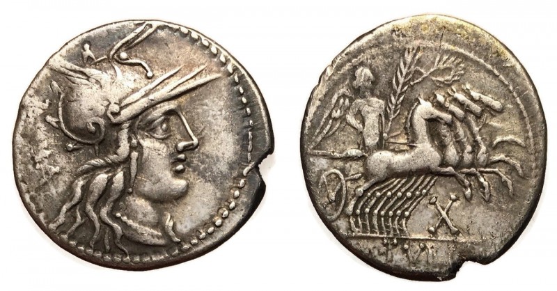 M. Tullius, 119 BC
Silver Denarius, Rome Mint, 21mm, 3.89 grams
Obverse: Helme...