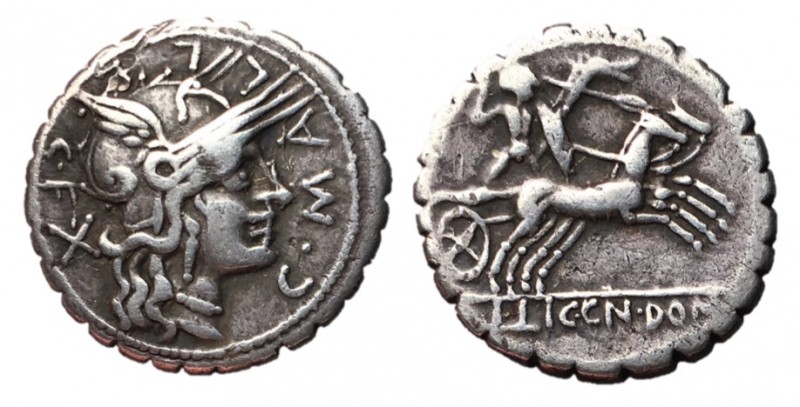 C. Malleolus cf, 118 BC
Silver Denarius, Rome Mint, 18mm, 3.80 grams
Obverse: ...