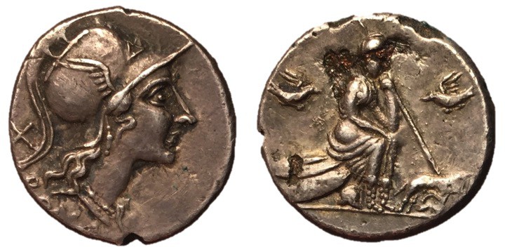 Anonymous, 115 - 114 BC
Fouree Denarius, 19mm, 3.19 grams
Obverse: Helmeted he...