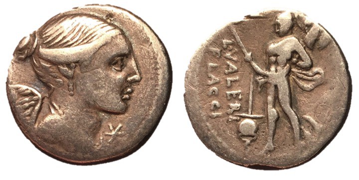 L Valerius Flaccus, 108 - 107 BC
Silver Denarius, Rome Mint, 18mm, 3.58 grams
...