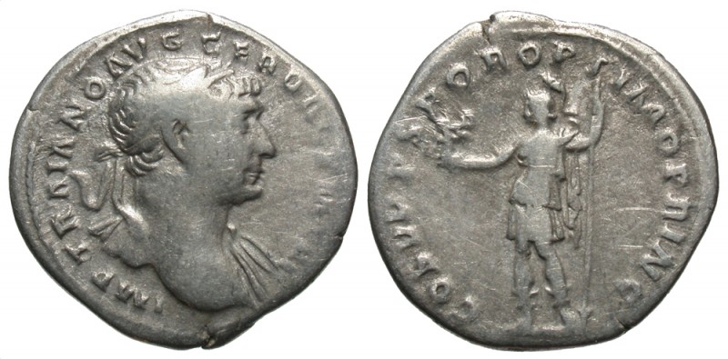 Trajan, 98 - 117 AD
Silver Denarius, Rome Mint, 20mm, 2.62 grams
Obverse: IMP ...