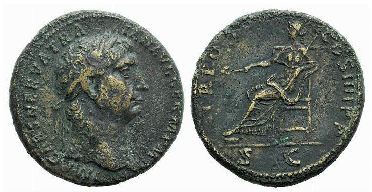 Trajan, 98 - 117 AD
AE Sestertius, Rome Mint, 34mm, 26.58 grams
Obverse: IMP C...