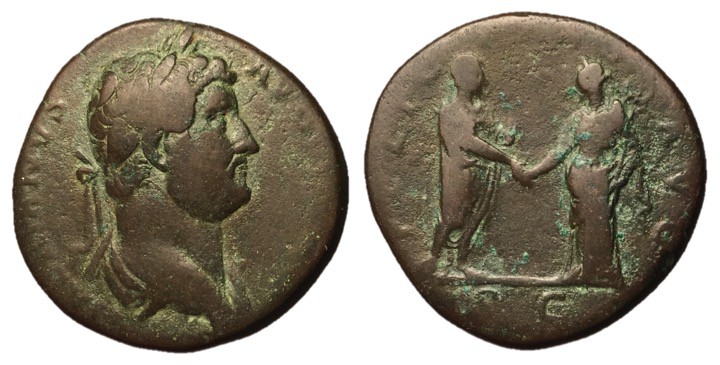 Hadrian, 117 - 138 AD
AE Sestertius, Rome Mint, 30mm, 21.78 grams
Obverse: HAD...