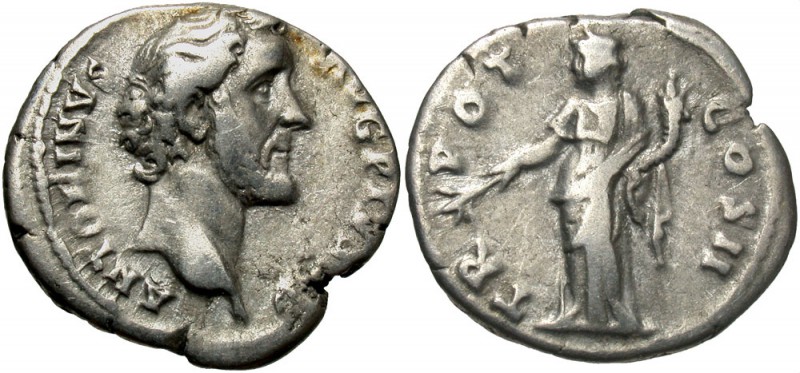 Antoninus Pius, 138 - 161 AD
Silver Denarius, Rome Mint, 18mm, 2.86 grams
Obve...