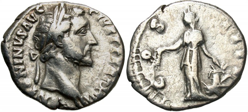 Antoninus Pius, 138 - 161 AD
Silver Denarius, Rome Mint, 18mm, 2.94 grams
Obve...