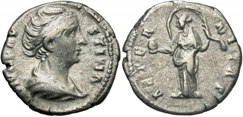 Diva Faustina, 146 - 161 AD
Silver Denarius, Rome Mint, 18mm, 2.70 grams
Obver...