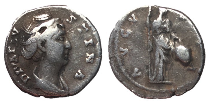 Faustina Sr., after 146 AD
Silver Denarius, Rome Mint, 18mm, 2.75 grams
Obvers...