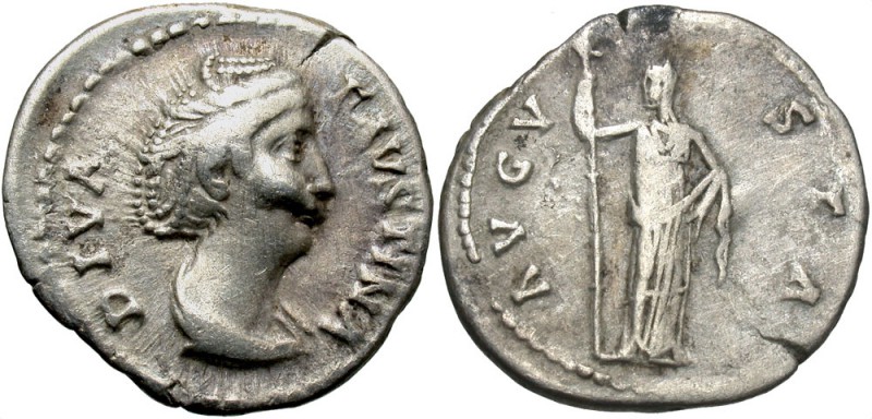 Diva Faustina Sr., 147 AD
Silver Denarius, Rome Mint, 19mm, 2.50 grams
Obverse...