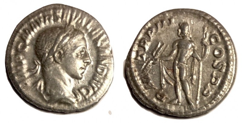 Severus Alexander, 222 - 235 AD
Silver Denarius, Rome Mint, 20mm, 3.11 grams
O...