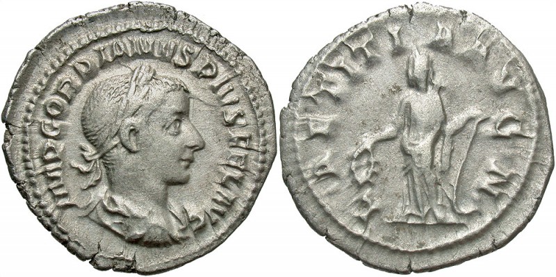 Gordian III, 238 - 244 AD
Silver Denarius, Rome Mint, 21mm, 2.74 grams
Obverse...