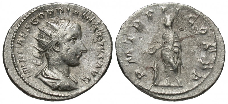 Gordian III, 238 - 244 AD
Silver Antoninianus, Rome Mint, 23mm, 4.15 grams
Obv...