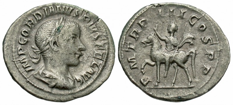 Gordian III, 238 - 244 AD
Silver Denarius, Rome Mint, 21mm, 3.21 grams
Obverse...