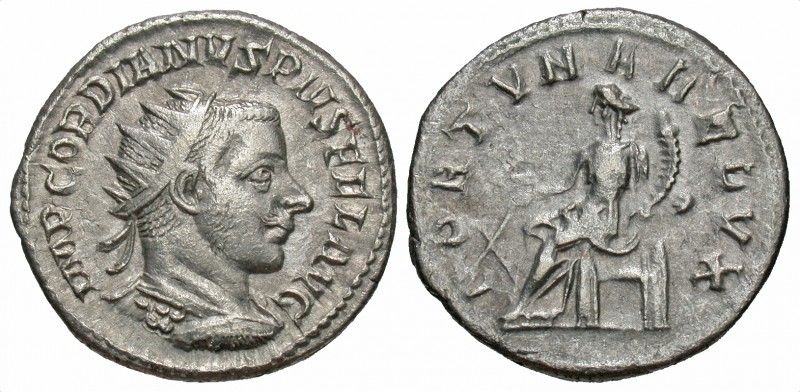 Gordian III, 238 - 244 AD
Silver Antoninianus, Rome Mint, 23mm, 4.38 grams
Obv...