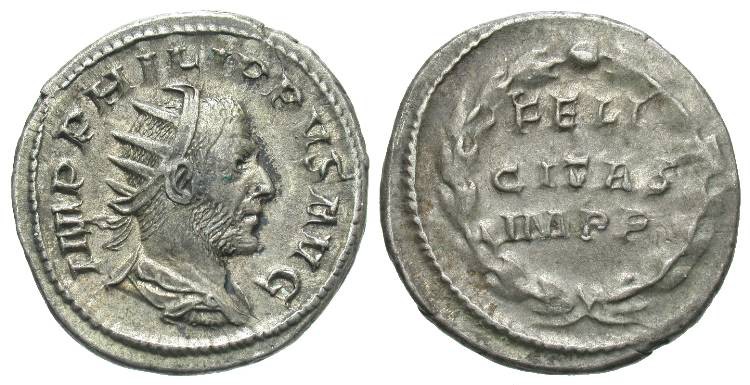 Philip I, 244 - 249 AD
Silver Antoninianus, Rome Mint, 21mm, 4.82 grams
Obvers...