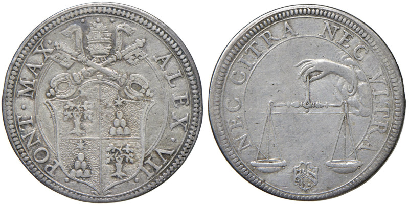 Roma - Alessandro VII (1655-1667) Testone - D/ ALEX VII - PONT MAX, stemma a tar...