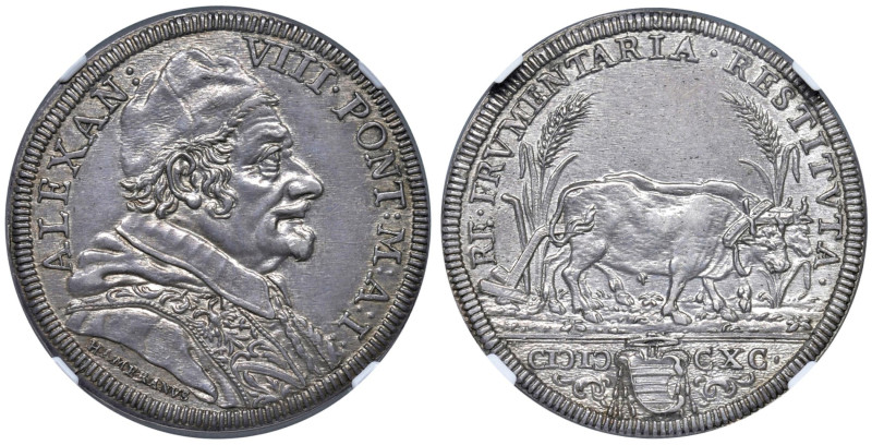Roma - Alessandro VIII (1689-1691) Testone 1690 - D/ ALEXAN - VIII PONT M A I, b...