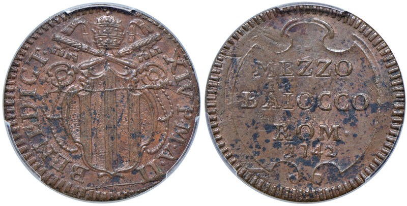 Roma - Benedetto XIV (1740-1758) Mezzo Baiocco 1742 an. II - D/ BENEDICT - XIV P...