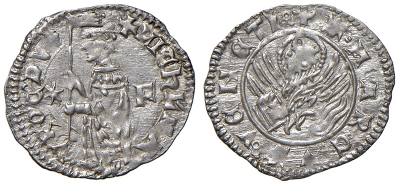 Venezia - Michele Morosini (1382) Soldino - D/ MIChL MA - VROC DVX, il doge ingi...