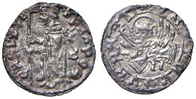 Venezia - Francesco Foscari (1423-1457) Soldino - D/ FRA FOS - CARI DVX, il Doge in piedi tiene il vessilo; nel campo dietro al Doge sigle del massaro...