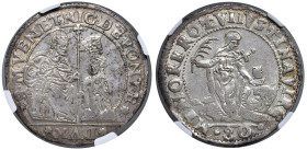 Venezia - Nicolò da Ponte (1578-1585) Mezzo scudo da 80 Soldi con Santa Giustina - D/ S M VENET NIC DE PONTE, San Marco in trono benedicente, porge il...