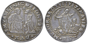 Venezia - Nicolò da Ponte (1578-1585) Mezzo scudo da 80 Soldi con Santa Giustina - D/ S M VENET NIC DE PONTE, San Marco in trono benedicente, porge il...