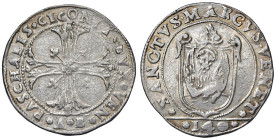 Venezia - Pasquale Cicogna (1585-1595) Scudo della croce da 140 Soldi - D/ PASCHALIS CICONIA DVX VEN, croce ornata e fogliata; all'esergo sigla del ma...