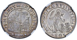 Venezia - Marino Grimani (1595-1605) Mezzo scudo da 80 Soldi con S. Giustina - D/ S M VENET MARIN GRIM DV, San Marco in trono benedicente, porge il ve...