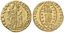 Venezia - Carlo Contarini (1655-1656) Zecchino - D/ CAROL CONTA - S M VENET, San Marco stante a sinistra porge il vessillo al doge genuflesso, lungo l...