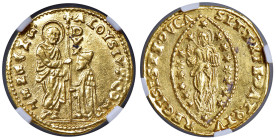 Venezia - Alvise Contarini (1676-1684) Zecchino - D/ ALOYSIUVS CONT - S M VENET, San Marco stante a sinistra porge il vessillo al doge genuflesso, lun...