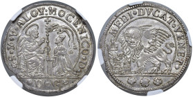 Venezia - Alvise IV Mocenigo (1763-1778) Mezzo ducato - D/ S M V ALOY MOCENICO D, San Marco nimbato, seduto a sinistra consegna il vessillo al doge ge...