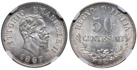 Vittorio Emanuele II (1861-1878) 50 Centesimi 1867 "Valore" Milano - MIR 1088e Gig. 80 Ag • In slab NGC MS 65 n. 6635994-022

Status: FDC