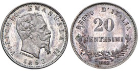 Vittorio Emanuele II (1861-1878) 20 Centesimi 1863 "Valore" Milano - MIR 1090a Gig. 84 Ag • Fondi speculari, conservazione eccezionale

Status: FDC...
